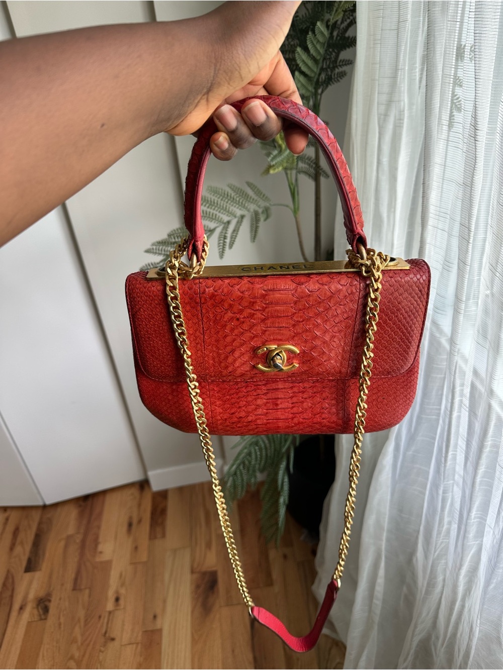 CHANEL Red Python Top-Handle Shoulder Bag with Gold Chain